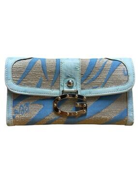 Vintage Y2K Guess Trifold Wallet Leather Canvas Blue Beige Zebra Stripe Retro
